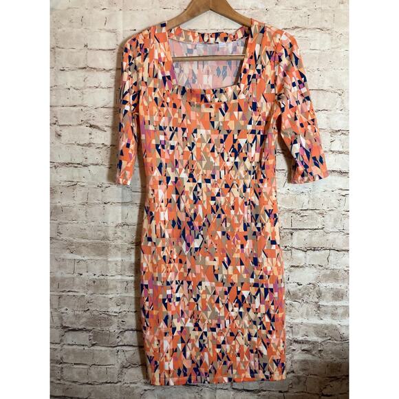 Jean Pierre Klifa Dress Womens Medium Peach Geometric‎ Shift Liquid Knit Stretch - Picture 1 of 12